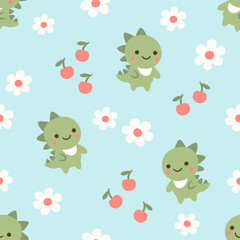 Cute dinosaur with cherry and flower seamless pattern. Kid design. Surface vector design. - 770000901