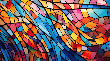 Fototapeta premium A vibrant abstract composition resembling stained glass windows, with bright colors and intricate patterns creating a mosaic effect background Ai Generative