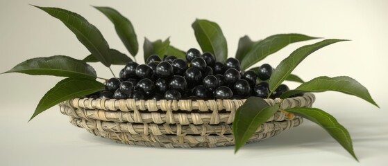   Wicker basket holds black berries, green plant atop white surface