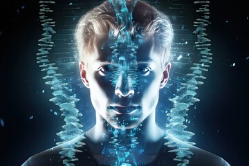 Man DNA genetic of human on virtual interface, communication with ai concept