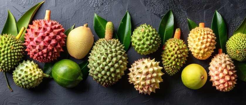   A collection of unique fruits is presented on a dark background, featuring lush green foliage and a vibrant yellow fruit at its center
