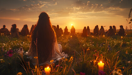 Spiritual solstice ritual celebrated at dawn in the midsummer, depicting a spiritual ceremony filled with ancient traditions and mysticism. - obrazy, fototapety, plakaty