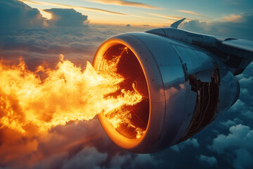 A problem with the aircraft engine caused fire to occur during flight as result of faulty engine AI Generation - obrazy, fototapety, plakaty