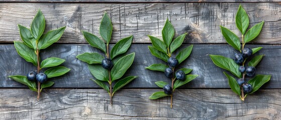   A wooden platform featuring a cluster of verdant foliage and azure fruit against a wooden backdrop - obrazy, fototapety, plakaty