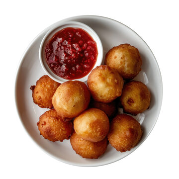 A Plate of Bunuelos with Fruit Sauce Isolated on a Transparent Background
