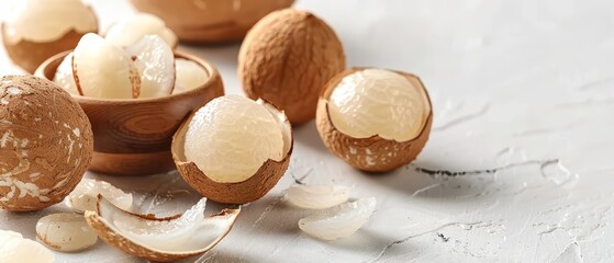   A cluster of nuts resting together on a white table with shells and peels