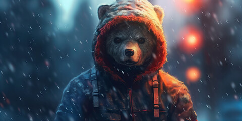Enigmatic Bear Warrior Braving the Snowfall: An Artistic Banner of Surreal Fantasy - obrazy, fototapety, plakaty
