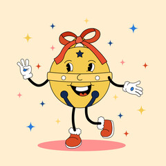 Naklejka premium Cartoon retro Christmas Sleigh Bell with face and bow decor on color background. Vector flat vintage jingle bell holiday illustration. Winter festive ringing character with smile for poster or banner