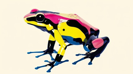   Yellow and black frogs perch on separate white surfaces; one is pink in addition to black