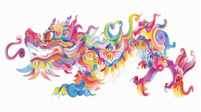  Drawing a rainbow-colored dragon with shades of red, yellow, blue, green, pink, and orange