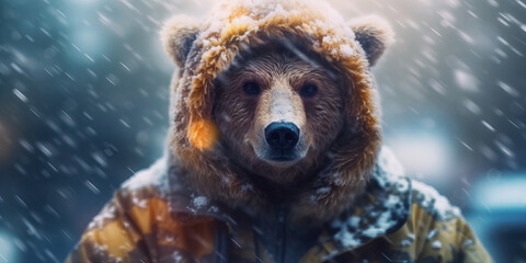 Winters Enigmatic Whisperer: A Majestic Bear Adorned in Human Garb Banner