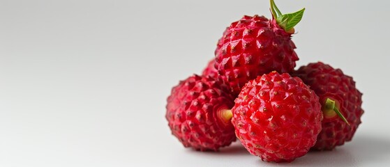   Raspberries arranged on a white surface, stacked and topped with a green leaf