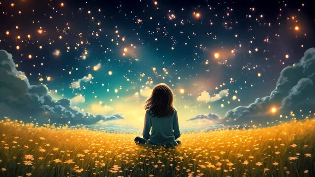 Painting of Girl Sitting in Field Looking at Stars, Illustration of a girl sitting in a flower field under a starfield sky, AI Generated