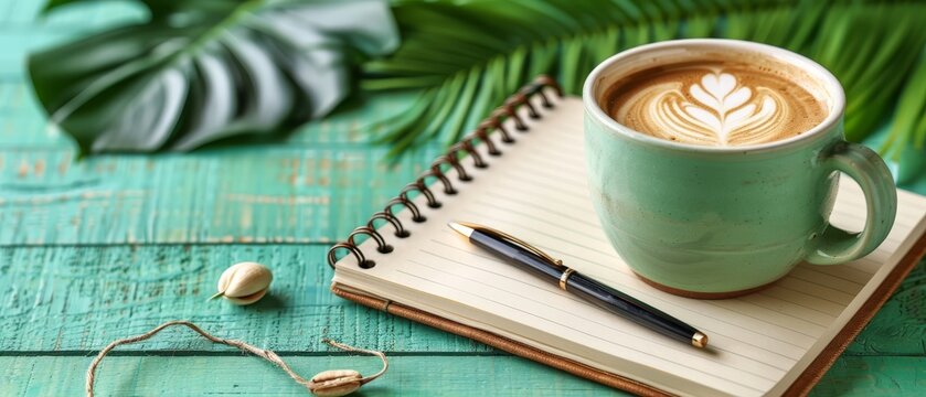   A cup of coffee atop a notebook on a wooden table beside a green leaf