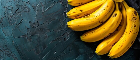 Obraz premium A group of bananas rests atop a blue-green table, adjacent to a black-white wall and a blue-green wall