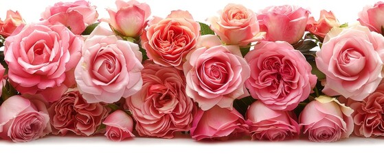   A pink cluster of roses on a white background with a solitary rose in the center
