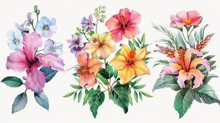 A set of beautiful hand painted flower arrangement watercolor ,Generative ai, 
