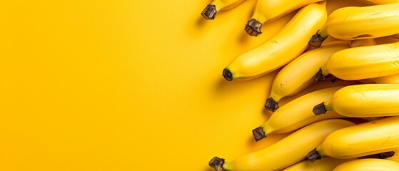   A group of yellow bananas is placed on the edge of a yellow table, next to another set of yellow bananas on a separate yellow table - obrazy, fototapety, plakaty