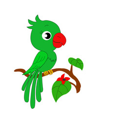Green cartoon Parrot with vibrant feathers, funny poses on a clean white studio background on a clean white, a colorful parrot perched on a branch.