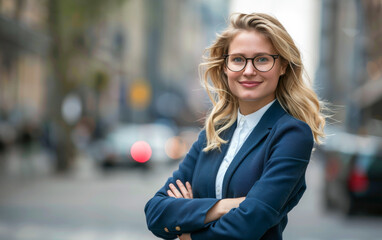 Portrait of a smiling blonde businesswoman in a suit, wearing glasses, standing in the street with her arms crossed, blurred background