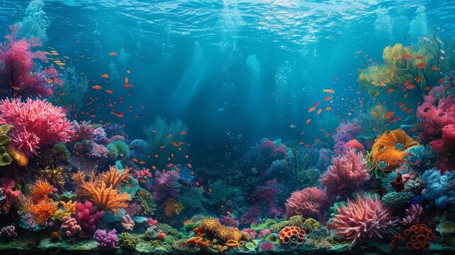  Underwater coral reef photo showing various vibrant corals and algae beneath the surface
