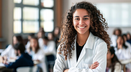 Portrait of a young smiling woman medicine teacher with curly hair in a white coat standing in front of a classroom or lab with students.