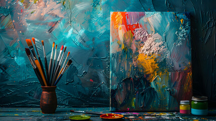 Colorful art paint and brushes sit next to a vase on a table - Powered by Adobe