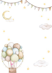 Baby bunny. Girl. Watercolor frame, background for Birthday, gender party, baby shower, children's party. Children's illustration in pastel colors. Vertical card, poster, greeting card.