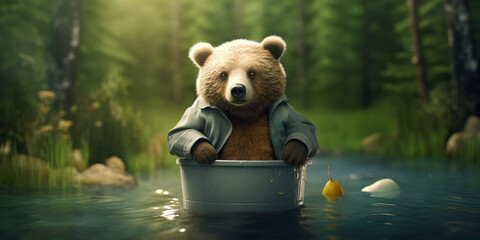 Adorable Bear Cubs Tranquil Fishing Adventure in a Forest Pond Banner