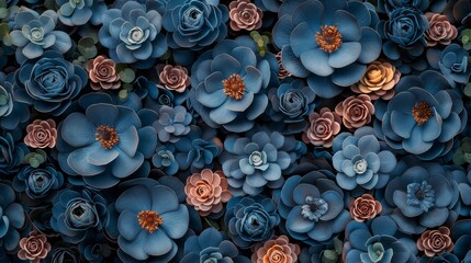   A close-up of a bouquet of blue and pink flowers, with the topmost blooms centrally positioned in the image - obrazy, fototapety, plakaty