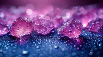   A macro shot of multiple water drops on a turquoise backdrop, surrounded by fuchsia and lavender illumination - obrazy, fototapety, plakaty