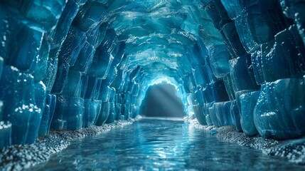   An ice tunnel with running water on one side and a light at its end - obrazy, fototapety, plakaty