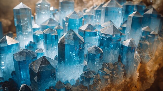   A cluster of blue crystal structures amidst rocky terrain and snowfall in a barren landscape, framed by a tawny sky