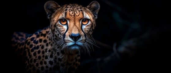   Cheetah's close-up face in the dark with a blurry background