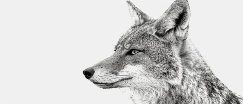   A monochrome picture of a wolf's somber expression, set against a white backdrop