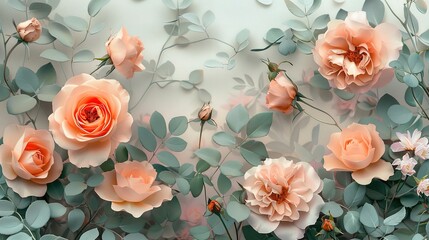 Floral art decoration of peach and blush roses, leaves, branches  ,Generative ai,