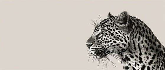   A black-and-white picture of a leopard turning its head to the right with an open mouth, gazing off into the distance - obrazy, fototapety, plakaty