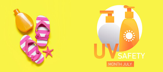 Bottle of sunscreen cream with starfish and flip flops on yellow background