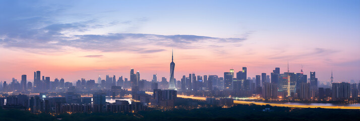 Splendid Evening Silhouette of Guangzhou (GZ) City Skyline Including the Iconic Canton Tower - obrazy, fototapety, plakaty