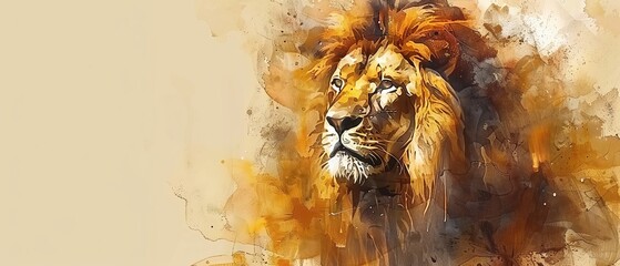   A watercolor depiction of a lion's countenance against a beige canvas, adorned with a dash of hue to the left - obrazy, fototapety, plakaty