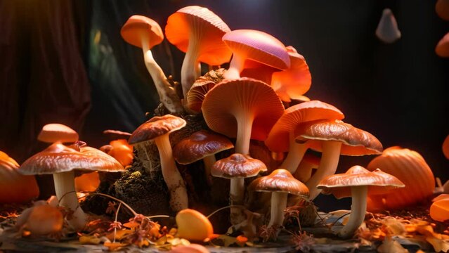 A picturesque scene of a group of mushrooms peacefully sitting atop a pile of autumn leaves in the forest, Lingzhi mushroom, specifically Ganoderma lucidum Lingzhi mushroom, AI Generated