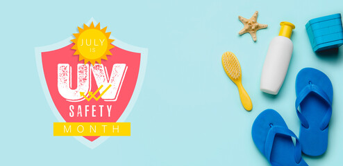 Sunscreen cream for children with beach accessories on blue background