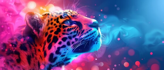   A leopard's close-up face is illuminated against a blurry backdrop of bubbles - obrazy, fototapety, plakaty