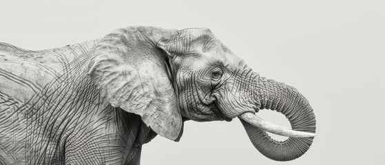   Black-and-white photo of an elephant with tusks protruding from its mouth