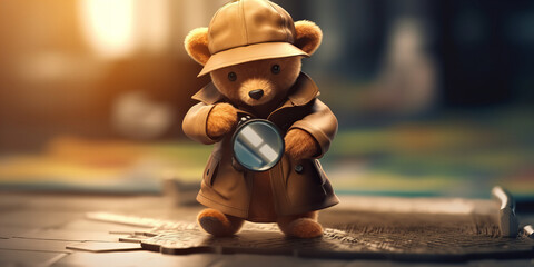 Adventures Await: The Curious Little Detective Teddy Bear With Magnifying Glass Banner - obrazy, fototapety, plakaty