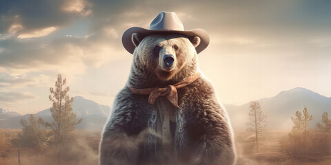 Majestic Cowboy Bear Overlooking the Sunset Plains - An Imaginative Banner - obrazy, fototapety, plakaty