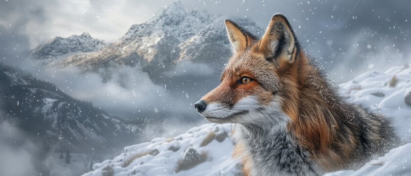   A zoomed-in photo of a fox sitting atop a snowy knoll, surrounded by a majestic mountain range and fluffy clouds overhead