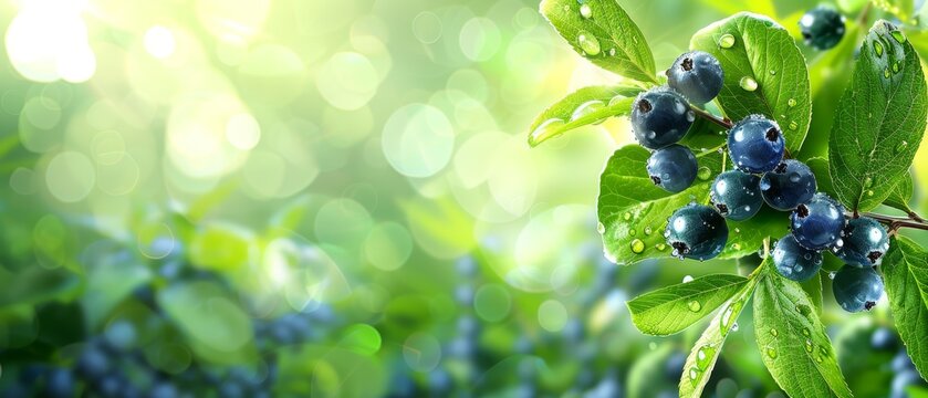   A macro image of multiple blueberries on a leafy green twig, with dew drops on the foliage