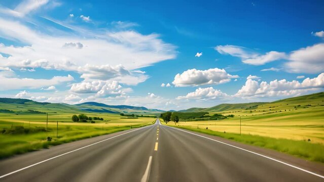 A deserted road stretches through a vast expanse of green field under a clear blue sky, Long highway road landscape in a rural area, AI Generated