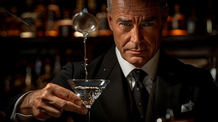   A man in a suit and tie holds a martini glass in front of his face, with a spoon sticking out of it - obrazy, fototapety, plakaty
